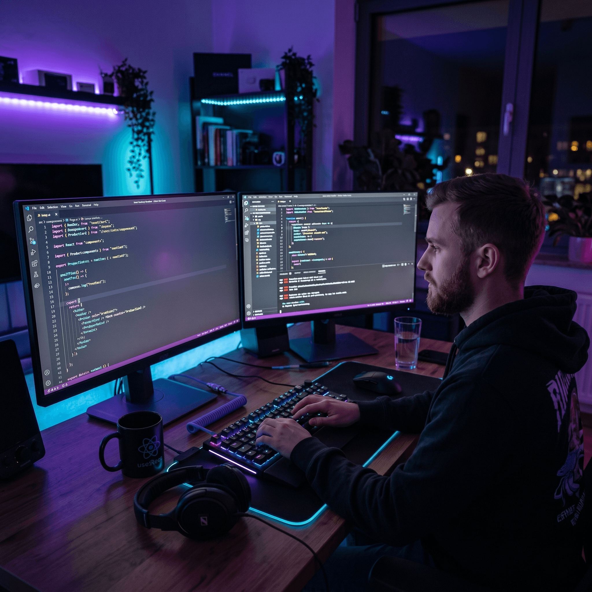 Coding at night with dual monitors
