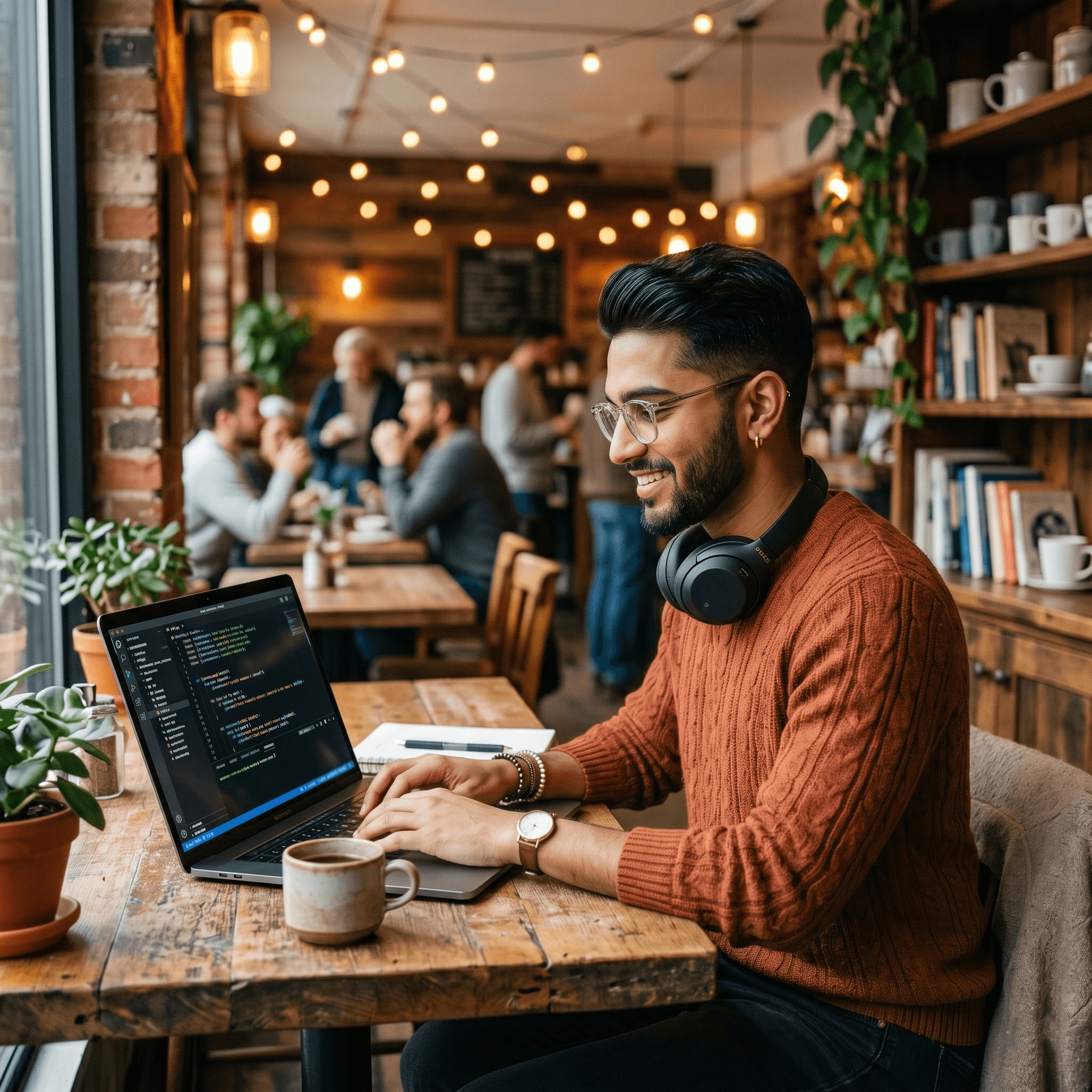 Working at a cafe with laptop