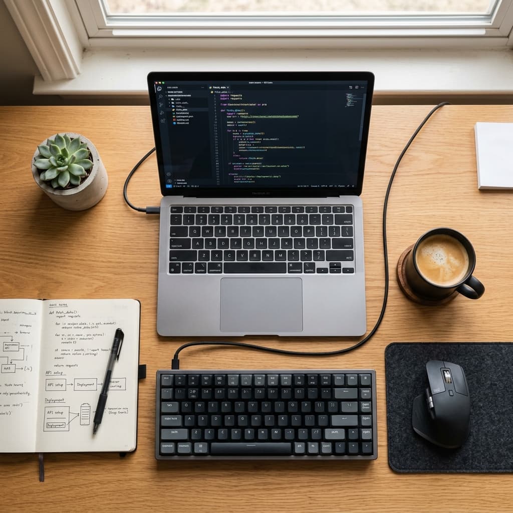 Developer desk setup flat lay